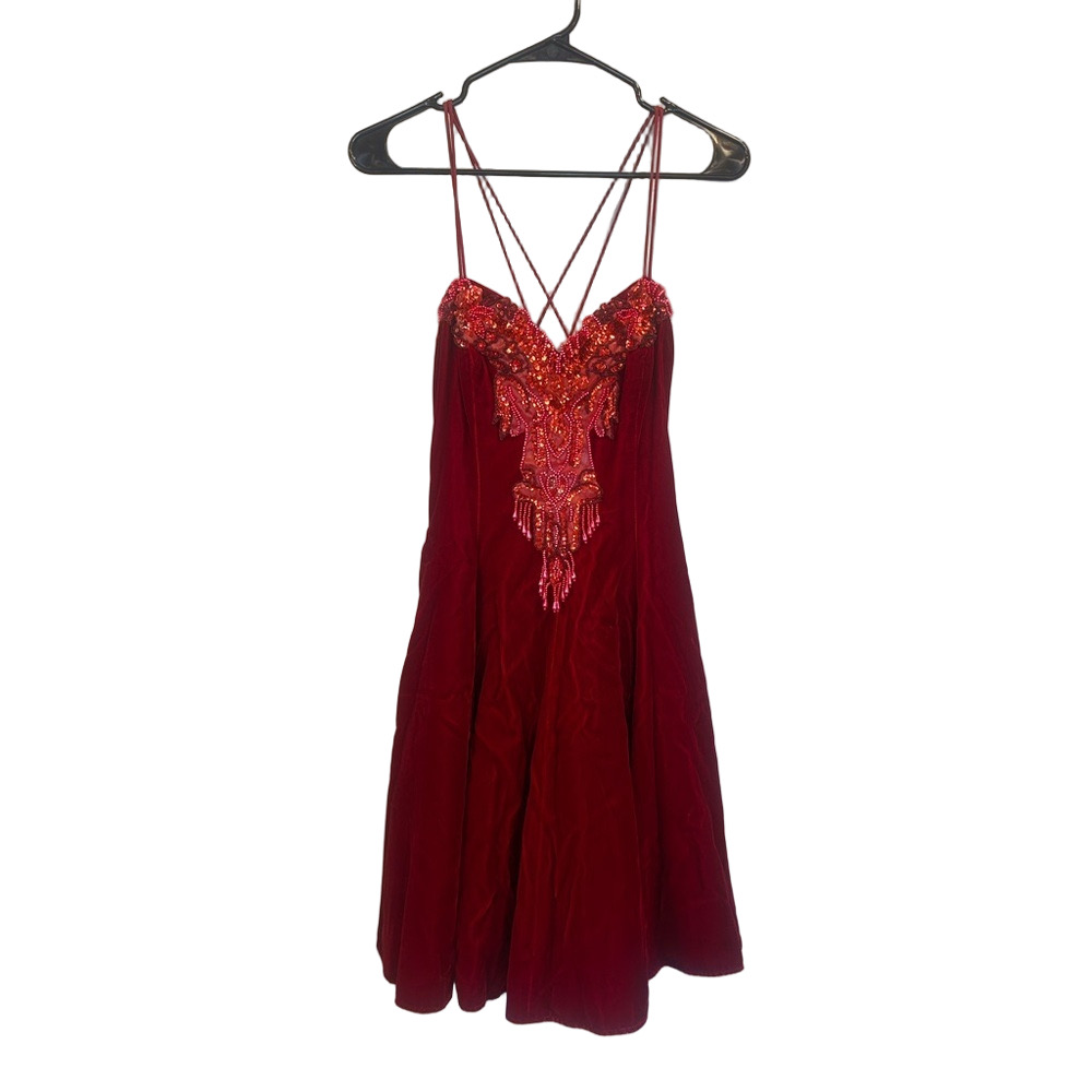 Lori Ann Red Velvet Beaded Cocktail Dress – Size 12